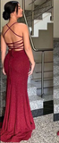 Niulatu Sheath Spaghetti Straps Burgundy Slit Long Evening Dress Prom Dresses SD1731