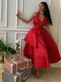Niulatu Halter V Neck Evening Gown A Line Tiered Satin Prom Dress HZ1007