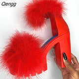 Niulatu college Women Sandals Fluffy High Heels Summer Fur Shoes 2025 Casual Ankle Buckle Fashion Shoes Non-Slip Outside Sandals Big Size 43 DJSE