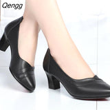 Niulatu Women Cute European Stylish Round Toe Black Pu Leather Square Heel Pumps Lady Casual Wine Red Comfort Summer Heel Shoes DJSE