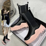 Niulatu Newest Genuine Leather Boots Women Stretch Platform Chelsea Thick Sole Female Shoes Mid Calf Square Toe Botas DJSE