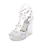 Niulatu Rivet Sandals Women Crystal High Heel 13cm Silver Female Sandals Sexy Waterproof Platform Steel Pipe Model Show Shoes DJSE