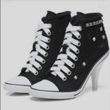 Niulatu Women Canvas Shoes Denim High Heels Black Rivets Shoes Fashion Shoe Laces Sneakers Women Short Boots DJSE