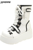 Niulatu Women Goth Platform Mid Calf Boots Wedges Heeled Cospaly Autumn Combat Boots Design Luxury Motorcycle Boots Shoes DJSE
