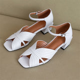 Niulatu Sandals Shoes Women Genuine Leather Ankle Strap Shoes Med Thick Heel Sandals Square Toe Cow Leather Lady Sandals Summer DJSE