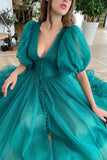 Niulatu Dark Green A-Line Tulle Evening Dress with V-Neck and Short HZ1007