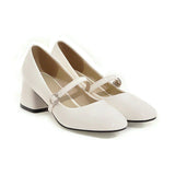 Niulatu Women Shoes High Heels Mary Janes Shoes Patent Leather Thick Heel Pumps Buckle Square Toe Female Footwear White DJSE