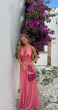 Niulatu A Line Halter Lace Satin Open Back Prom Dress Vacation Dress HZ0113