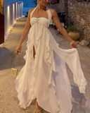 Niulatu White Chiffon Evening Dress Halter Prom Dress Party Gown HZ1007