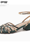 Niulatu 33-43 Women Sandals Real Leather High Heels Summer Shoes For Womens Ankle Strap Chunky Retro Rome Woven Sandalias DJSE