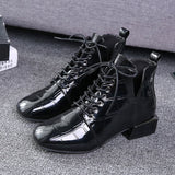 Niulatu Chic Women Boots Shiny PU Leather Autumn Winter Shoes Woman Spuare Toe Block Heels Ankle Boots Female Botas Zapatos Mujer DJSE