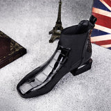 Niulatu Chic Women Boots Shiny PU Leather Autumn Winter Shoes Woman Spuare Toe Block Heels Ankle Boots Female Botas Zapatos Mujer DJSE