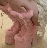 Niulatu Fur High Platform Boots High Chunky Heel Round Toe Mid Calf Boots Elegant Women Casual Outfit Winter Cross Tied Shoes DJSE