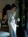 Niulatu White Mermaid Spaghetti Strap Satin Open Back Prom Dress Party Dress HZ0113