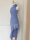 Niulatu Sheath High Neckline Blue Ruffles Vacation Dresses Short Birthday Outfits SD346