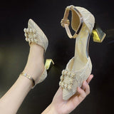 Niulatu Heels Pumps Women Elegant Pearl Buckle Square Heels Wedding Party Shoes Ladies Pointed Toe Ankle Strap Work Shoes DJSE