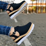 Niulatu Women's Sandals Vintage Wedge Shoes Woman Buckle Strap Straw Thick Bottom Flats Platform Sandals Flock Female Shoes Summer 2025 DJSE
