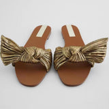 Niulatu Slip On Bowknot Women Pleated Sandals Slides Summer Flat Low Heel Casual Slip On Gold Leisure Open Toe Shoes Size 43 DJSE