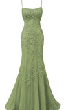 Niulatu Green Lace Appliques Dresses Long Prom Dress Mermaid Spaghetti Straps Evening Dress HZ1007