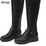 Niulatu Women's Knee High Boots Fashion Low Heels Square Platform Long Boots Brown Black Leather PU Zip Winter Woman Warm Shoes Booties DJSE