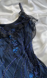 Niulatu Navy Blue Chiffon Beaded Evening Dress Formal Party Prom Dress HZ1007