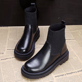 Niulatu Woman Slip-On Shoes Woman Fashion Knitted Elastic Round Toe Short Boots Platform Square Heels Leather Boots Women DJSE