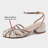 Niulatu 33-43 Women Sandals Real Leather High Heels Summer Shoes For Womens Ankle Strap Chunky Retro Rome Woven Sandalias DJSE