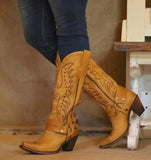 Niulatu Boots For Women Cowboy Cow Girls Big Size 46 Pointed Toe Chunky Heel Knee High Boots Rivet Fashion Shoes DJSE