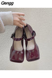 Niulatu Shoes Retro Square Head Bright Leather Early Spring 2025 New Shallow Mouth Coarse Heel Single Shoes Chaussure Femme DJSE