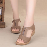 Niulatu New Women Sandals High Heel Wedges Leather Shoes Woman Solid Casual Zip Platform Sandals Plus Size 35-41 Ladies Shoes DJSE