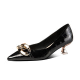 Niulatu Women Shoes Pumps All-match Low Kitten Heel Pointed Toe Metal Chain Woman Pumps OL Black Soft Leather Work Dress Shoes DJSE