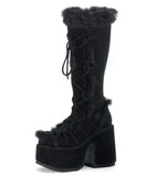 Niulatu Fur High Platform Boots High Chunky Heel Round Toe Mid Calf Boots Elegant Women Casual Outfit Winter Cross Tied Shoes DJSE