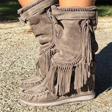 Niulatu Boots Woman Pleated Tassel Mid-calf Boots Womens Sewing Footwear Buckle Leather High Heels Shoes Female Plus Size Zip DJSE