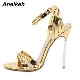 Niulatu Women Shoes Fashion Open Toe Solid PU Sexy Thin High Heel Ankle Buckle Strap Sandalias Mujer 2025 Gold Sliver DJSE