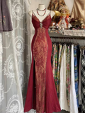 Niulatu Burgundy Lace Mermaid Evening Dress Straps Prom Dress HZ1007