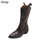 Niulatu Autum Women Knee High Boots Mid-Calf Heels Cowboy Boots Women Pointed Toe Shoes Female Winter Zipper Boots Plus Size DJSE
