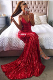 Niulatu Straps Side Split V-Neck Red Sequins Backless Prom HZ1007