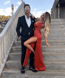 Niulatu Straps Side Split V-Neck Red Sequins Backless Prom HZ1007