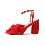 Niulatu Women Sandals New Brand Summer Shoes Pleated Bow-Knot Round Heels Open Toe Dress Shoes Big Size Party Wedding Shoes DJSE