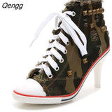 Niulatu Women Canvas Shoes Denim High Heels Rivets Shoes Fashion Shoe Laces Sneakers Women Short Women's Pumps black blue DJSE