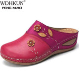 Niulatu Women Sandals Summer Women Shoes Soft Bottom Retro Baotou Shoes Woman Flowers Leaves Style Wedges Women Slippers Plus Size DJSE