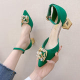 Niulatu Heels Pumps Women Elegant Pearl Buckle Square Heels Wedding Party Shoes Ladies Pointed Toe Ankle Strap Work Shoes DJSE