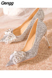 Niulatu High Heels Pumps Women 2025 New Slip On Shiny Sequins Wedding Shoes Woman Crystal Bowtie Stiletto Heeled Party Shoes DJSE