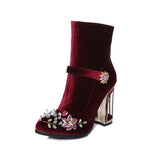 Niulatu rhinestone flower women boots for wedding retro ladies ankle boots bird cage high heels zipper velvet shoes FT466 DJSE