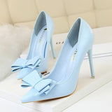 Niulatu Shoes Pink Heels Woman Blue Sweet Bow Women White High Heels Matte Leather Pumps Thin Heel Pointed Ladies high heels DJSE