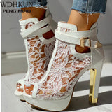 Niulatu New Ladies High Heels Belt Buckle Peep Toe Hollow Platform Sandals Shoes Woman Party Summer Boot Big Size DJSE