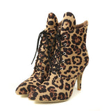 Niulatu Women Boots Winter Shoes High Heels Fashion Leopard Ankle Boots Pointed Toe Casual Shoes Woman Lace Up Ladies Pumps DJSE