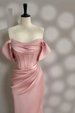 Niulatu Pink Mermaid Evening Dress Pearl Beading Off Shoulder Prom Dress HZ1007