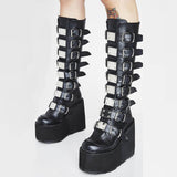 Niulatu Size 48 Brand Design Platform Wedges Goth Black Mid Calf Motorcycle Boots Women Buckle Trendy Cool Punk Zipper Women Shoes DJSE