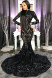 Niulatu Neck Shiny Appliques Black Girl Prom Dresses | Mermaid Long Sleeve Evening Gowns HZ0113